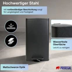 PROREGAL Mülleimer Küche Bad 60L, Abfalleimer mit Softclose & Stay-Open Deckel, Fußpedal & Inneneimer | Stahl, Matt Schwarz | rechteckiger Treteimer mit Inneneimer, Tretmülleimer 60 Liter