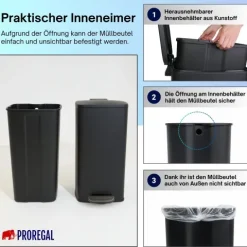 PROREGAL Mülleimer Küche Bad 60L, Abfalleimer mit Softclose & Stay-Open Deckel, Fußpedal & Inneneimer | Stahl, Matt Schwarz | rechteckiger Treteimer mit Inneneimer, Tretmülleimer 60 Liter