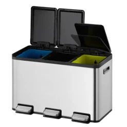 PROREGAL Rechteckiger Treteimer Aus Gebürstetem Edelstahl Mit Getrennten Soft Close & Stay Open Deckel 30 Liter HxBxT 37,1 x 59,5 x 32,1 cm Silber