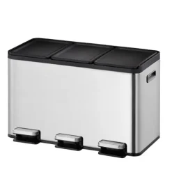 PROREGAL Rechteckiger Treteimer Aus Gebürstetem Edelstahl Mit Getrennten Soft Close & Stay Open Deckel 30 Liter HxBxT 37,1 x 59,5 x 32,1 cm Silber