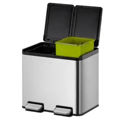 PROREGAL Rechteckiger Treteimer Aus Gebürstetem Edelstahl Mit Getrennten Soft Close & Stay Open Deckel 30 Liter HxBxT 41,2 x 46,3 x 33,2 cm Silber