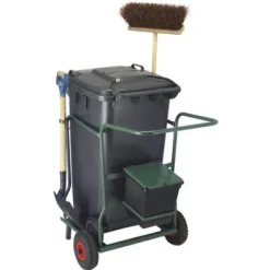 PROREGAL Reinigungswagen Mit Luftbereifung & 2 Rad Mülltonne 261 Liter HxBxT 105 x 60 x 58 cm Inkl. Besen & Schaufel Grün Tonne Grau