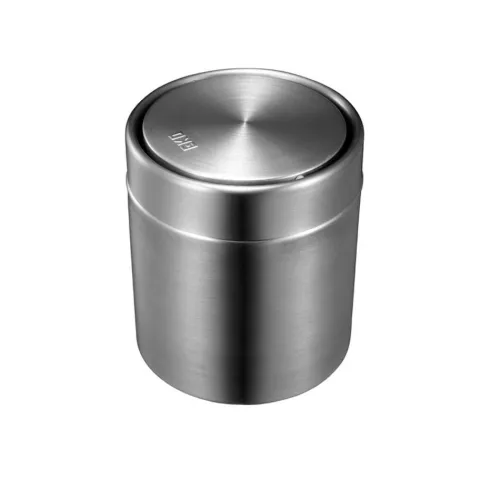 PROREGAL Schön Geformter Tischabfallbehälter Mit FlachschwIngdeckel 1,5 Liter HxØ 13,8 x 12 cm Edelstahl & Silber