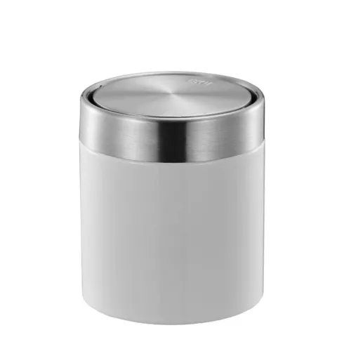 PROREGAL Schön Geformter Tischabfallbehälter Mit FlachschwIngdeckel 1,5 Liter HxØ 13,8 x 12 cm Edelstahl & Weiß