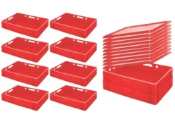 PROREGAL SparSet 10 x Eurobehälter Fleischerkasten E1 Mit Auflagedeckel HxBxT 12,5 x 40 x 60 cm 25 Liter Rot Fleischerkiste Fleischkiste