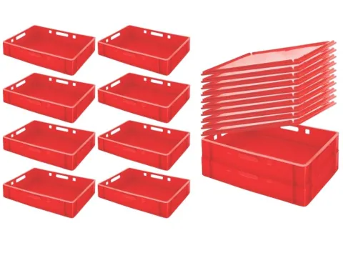 PROREGAL SparSet 10 x Eurobehälter Fleischerkasten E1 Mit Auflagedeckel HxBxT 12,5 x 40 x 60 cm 25 Liter Rot Fleischerkiste Fleischkiste