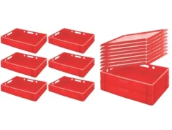 PROREGAL SuperSparSet 8 x Eurobehälter Fleischerkasten E1 Mit Auflagedeckel HxBxT 12,5 x 40 x 60 cm 25 Liter Rot Fleischerkiste Fleischkiste