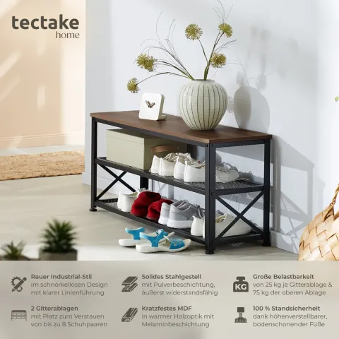 Schuhregal tectake Blackpool 101 x 30,5 x 45,5 cm Industrial Style Industrial Holz dunkel, rustikal