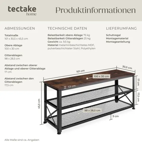 Schuhregal tectake Blackpool 101 x 30,5 x 45,5 cm Industrial Style Industrial Holz dunkel, rustikal