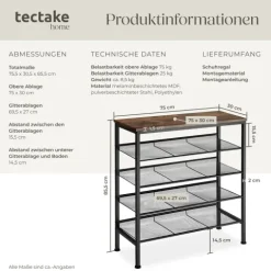 Schuhregal tectake Bournemouth 75,5 x 30,5 x 85,5 cm Industrial Style Industrial Holz dunkel, rustikal