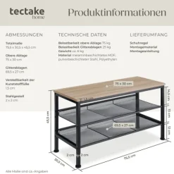 Schuhregal tectake Derry 75,5 x 30,5 x 45,5 cm Industrial Style Industrial Holz hell, Eiche Sonoma