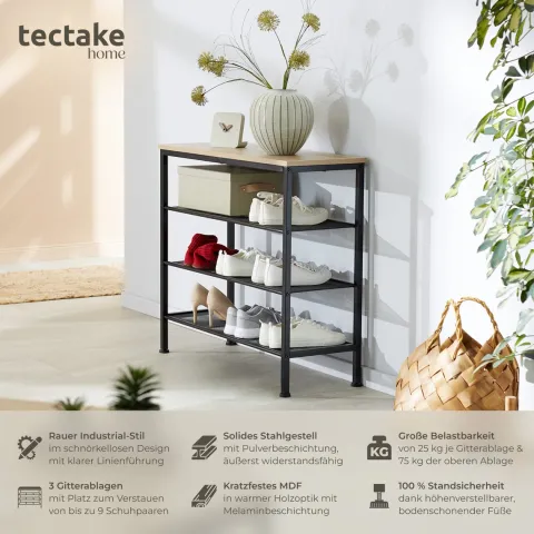 Schuhregal tectake Newport 80,5 x 30,5 x 72,5 cm Industrial Style Industrial Holz hell, Eiche Sonoma