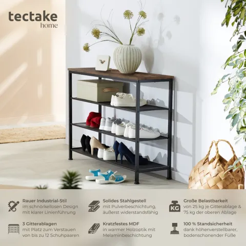 Schuhregal tectake Portsmouth 100 x 30,5 x 72,5 cm Industrial Style Industrial Holz dunkel, rustikal