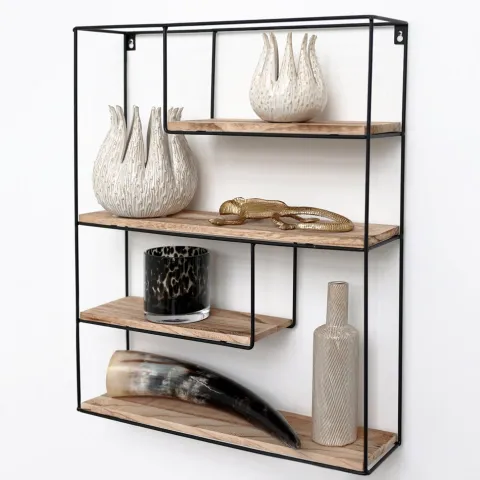 Schwarzes Metall-Wandregal mit 4 Holzböden - Rechteck - 55x45x11 cm