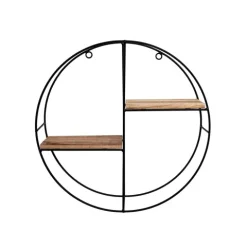 Schwarzes Metall-Wandregal mit 2 Holzböden - Rund - 37x10 cm