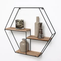 Schwarzes Metall-Wandregal mit 3 Holzböden - Sechseck - 48x55x10 cm