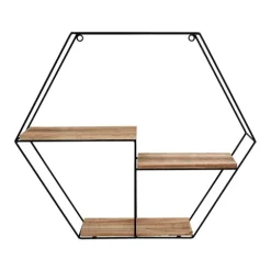 Schwarzes Metall-Wandregal mit 3 Holzböden - Sechseck - 48x55x10 cm