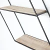 Schwarzes Wandregal aus Metall mit 3 Holzregalen – Sechseck-Diagonale