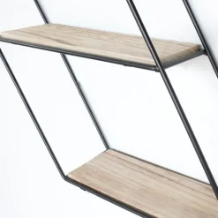 Schwarzes Wandregal aus Metall mit 3 Holzregalen – Sechseck-Diagonale