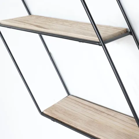 Schwarzes Wandregal aus Metall mit 3 Holzregalen – Sechseck-Diagonale
