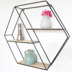 Schwarzes Wandregal aus Metall mit 3 Holzregalen – Sechseck-Diagonale