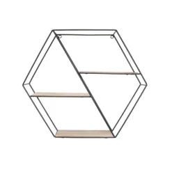 Schwarzes Wandregal aus Metall mit 3 Holzregalen – Sechseck-Diagonale
