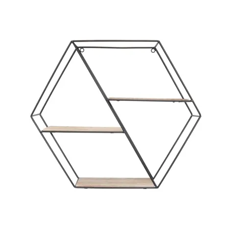 Schwarzes Wandregal aus Metall mit 3 Holzregalen – Sechseck-Diagonale