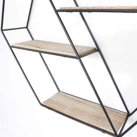 Schwarzes Wandregal aus Metall mit 3 Holzregalen – Sechseck-Diagonale