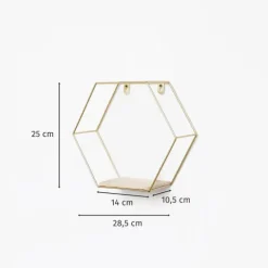 Sechseckiges Wandregal aus Metall mit 1 Holzregal – 25 x 28,5 cm – Gold
