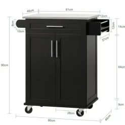 Servierwagen mit Rollen, Arbeitsplatte und schwarzem Regal FKW110-SCH