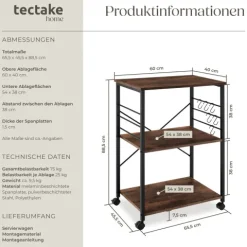 Servierwagen tectake Rugby inklusive 6 Haken, 65,5 x 45,5 x 88,5 cm Industrial Style Industrial Holz dunkel, rustikal
