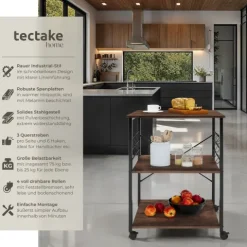 Servierwagen tectake Rugby inklusive 6 Haken, 65,5 x 45,5 x 88,5 cm Industrial Style Industrial Holz dunkel, rustikal