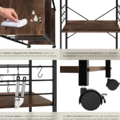 Servierwagen tectake Rugby inklusive 6 Haken, 65,5 x 45,5 x 88,5 cm Industrial Style Industrial Holz dunkel, rustikal