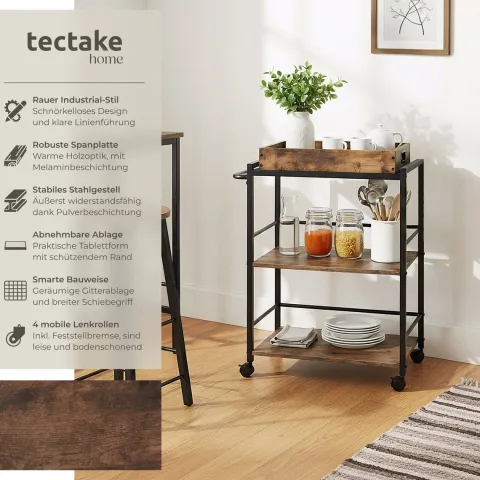 Servierwagen tectake Worcester 65 x 41,5 x 87 cm Industrial Style Industrial Holz dunkel, rustikal