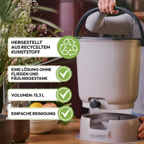 Skaza Bokashi Essential Biomülleimer Küche (15,3 Liter) + Base - Komposteimer Küche und Garten aus recyceltem Kunststoff - Starter Set + incl. 1 kg Fermentation Starter - Hellgrau