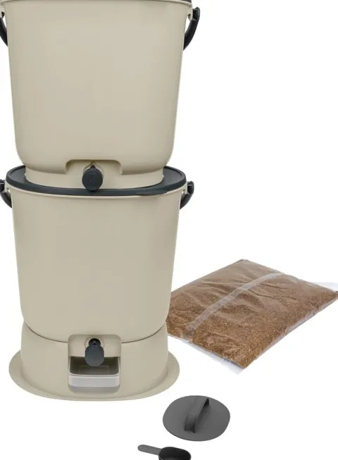 Skaza Bokashi Essential Biomülleimer Küche Set (2 x 15,3 Liter) + Base - Komposteimer Küche und Garten aus recyceltem Kunststoff - Starter Set + incl. 1 kg Fermentation Starter - Creme