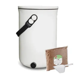 Skaza Bokashi Organko 2 | Preisgekrönter Küchenkompostbehälter aus recyceltem Kunststoff | 9.6 L | Starter Set für Küchenabfälle und Kompostierung | mit EM Bestreuung 1 kg | Creme Weiß