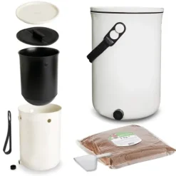 Skaza Bokashi Organko 2 | Preisgekrönter Küchenkompostbehälter aus recyceltem Kunststoff | 9.6 L | Starter Set für Küchenabfälle und Kompostierung | mit EM Bestreuung 1 kg | Creme Weiß