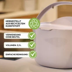 Skaza Daily Biomülleimer Küche 3,3 Liter - mit Deckel und Henkel - Einhändiges Öffnen - Abfalleimer aus Postconsumer-Recyceltem Kunststoff (Cremeweiß)
