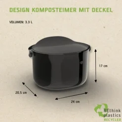 Skaza Organko Daily Biomülleimer 3,3L mit Deckel und Henkel für die Küche | Einhändiges Öffnen | Abfalleimer aus Postconsumer-Recyceltem Kunststoff (Schwarz)