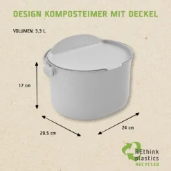 Skaza Organko Daily Biomülleimer 3,3L mit Deckel und Henkel für die Küche | Einhändiges Öffnen | Abfalleimer aus Postconsumer-Recyceltem Kunststoff (Hellgrau)