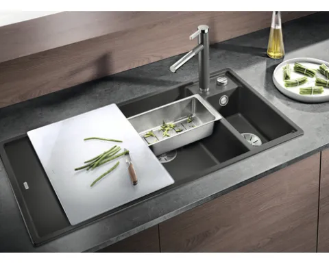 Spüle Blanco AXIA III 6 S 1000 x 510 mm schwarz ohne Multifunktionsschale 525850 1 Spülbecken Becken rechts Mit Restebecken Mit Tropffläche