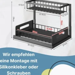 Spülschrank Organizer schmal ausziehbar Küche Metall 2 Etagen unter Waschbecken Regal Küchen Organizer Gewürzregale Organizer für Badezimmer schwarz