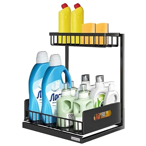 Spülschrank Organizer schmal ausziehbar Küche Metall 2 Etagen unter Waschbecken Regal Küchen Organizer Gewürzregale Organizer für Badezimmer schwarz
