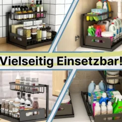 Spülschrank Organizer schmal ausziehbar Küche Metall 2 Etagen unter Waschbecken Regal Küchen Organizer Gewürzregale Organizer für Badezimmer schwarz