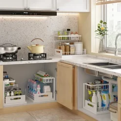 Spülschrank Organizer schmal ausziehbar Küche Metall 2 Etagen unter Waschbecken Regal Küchen Organizer Gewürzregale Organizer für Badezimmer weiß