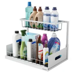 Spülschrank Organizer schmal ausziehbar Küche Metall 2 Etagen unter Waschbecken Regal Küchen Organizer Gewürzregale Organizer für Badezimmer weiß