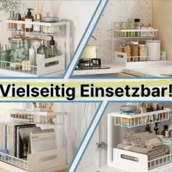 Spülschrank Organizer schmal ausziehbar Küche Metall 2 Etagen unter Waschbecken Regal Küchen Organizer Gewürzregale Organizer für Badezimmer weiß