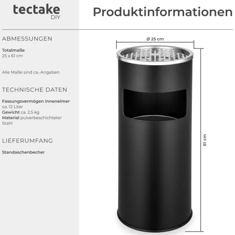 Standaschenbecher tectake 25 x 61 cm rund schwarz
