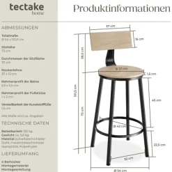 tectake Barhocker Set 4er Industrie-Stil Spanplatte stabil Pulverbeschichtung Rückenlehne komfortabel Farbe Industrial Light